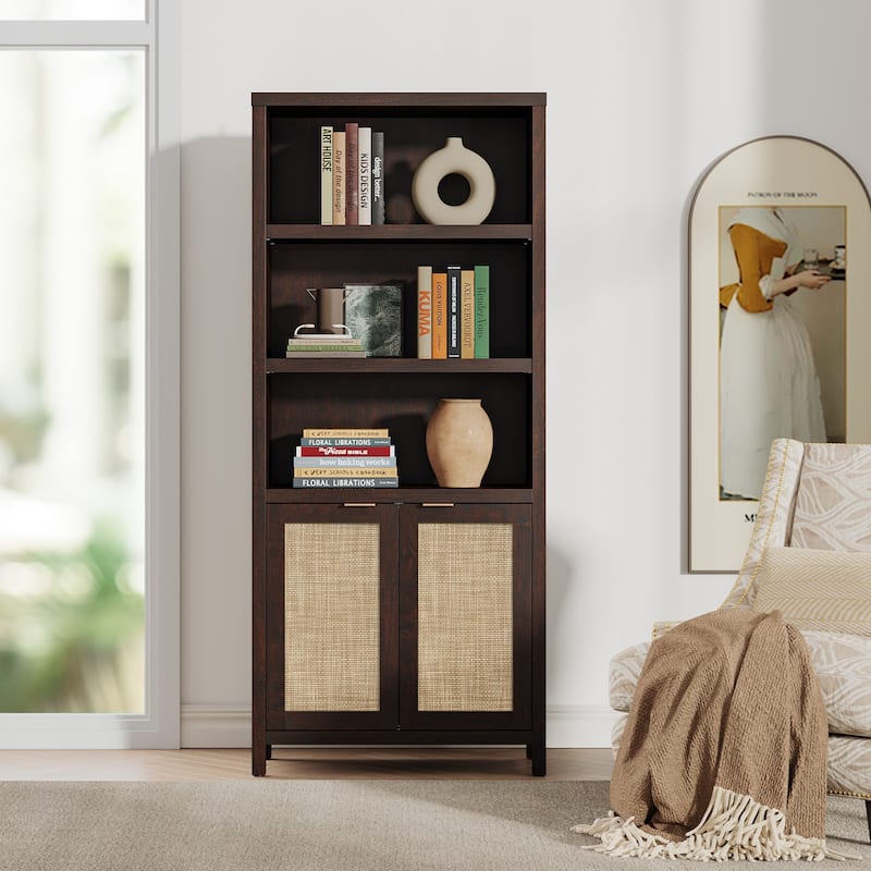 SICOTAS 5 Tier Adjustable Bookcase with Rattan Storage Cabinet