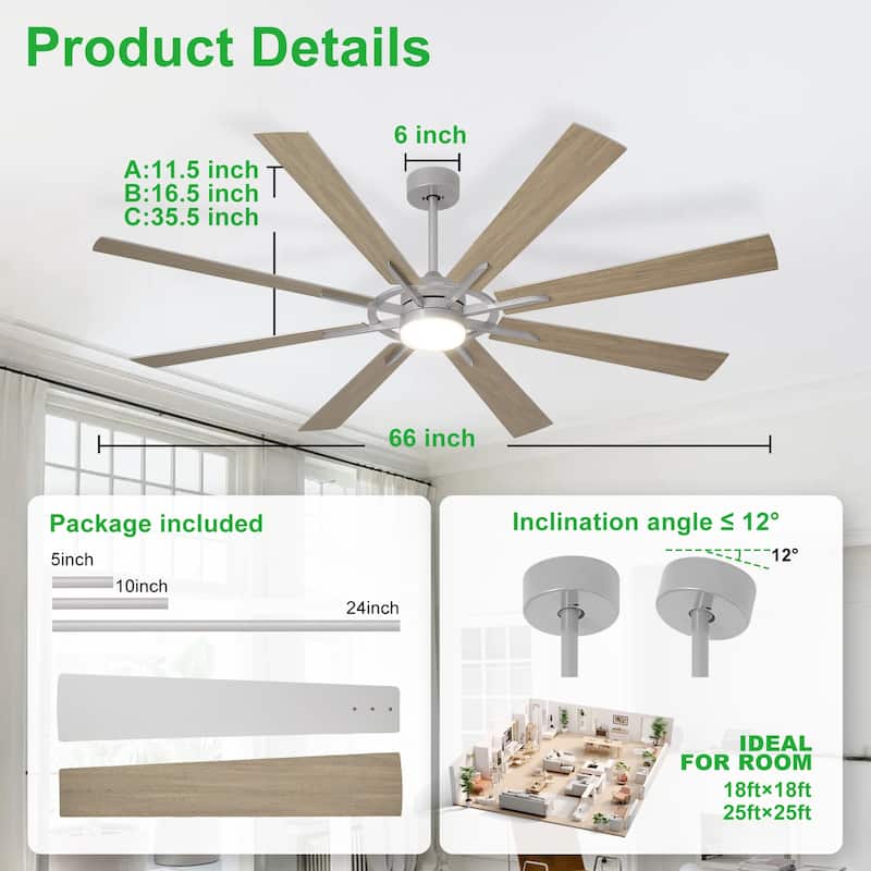 Modern 72 Inch 8 Blade Outdoor large Ceiling Fans with Lights: Dimmable Indoor Reversible 6 Speed Quiet DC Motor