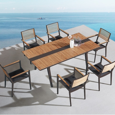 Champion 7 Pieces Teak Outdoor Dining Set, Aluminum, Black, by HIGOLD
