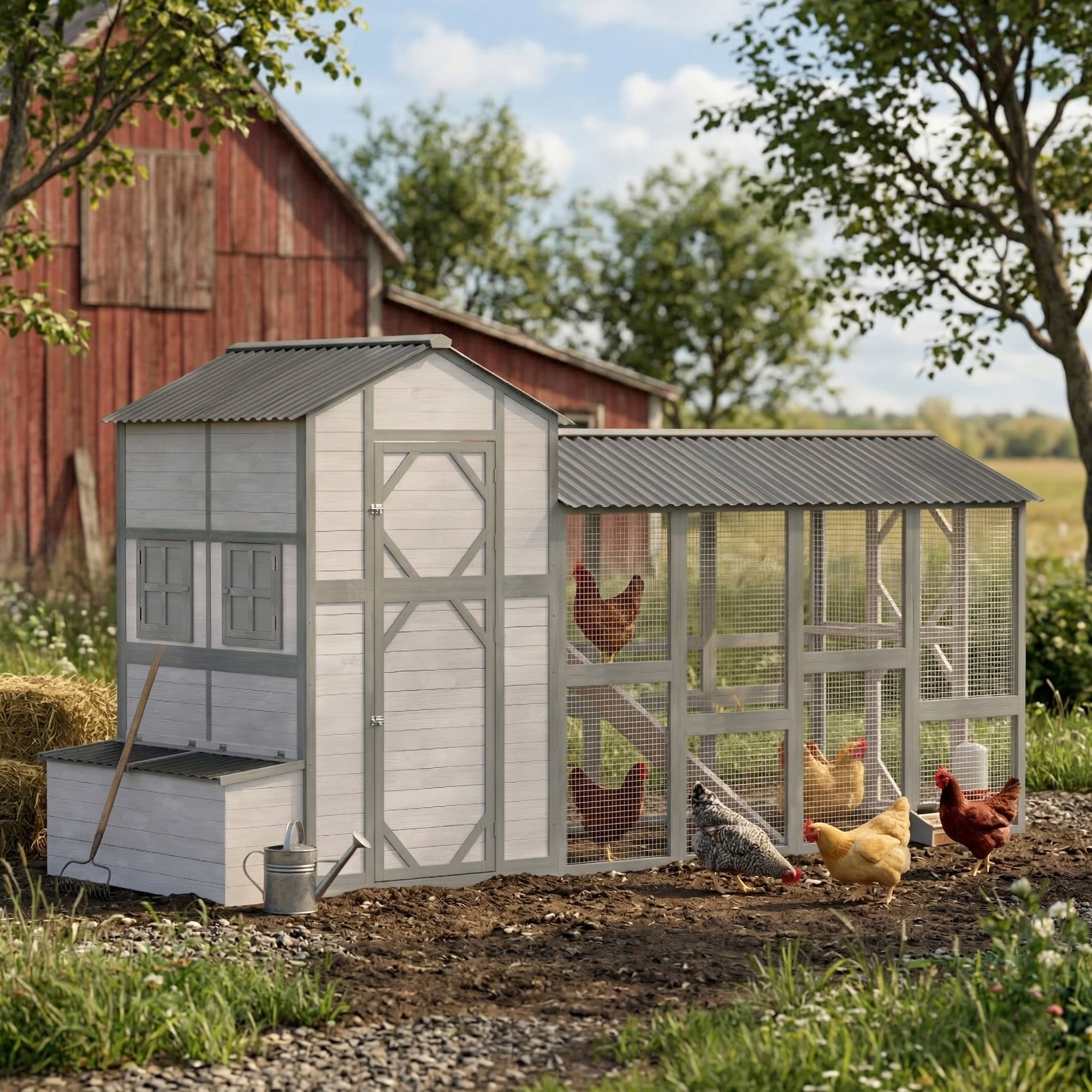 PawHut Gray 147" XL Wooden Chicken Coop Hen House with Outdoor Run