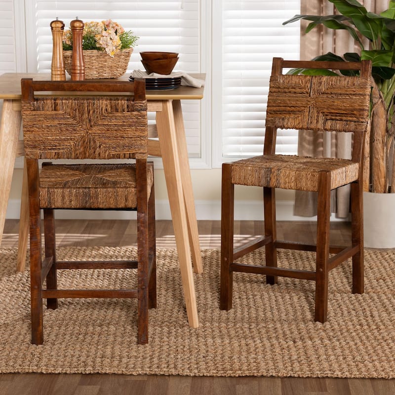 Cordoba Bohemian Natural Seagrass and Mahogany Wood 2-Piece Counter Stool Set