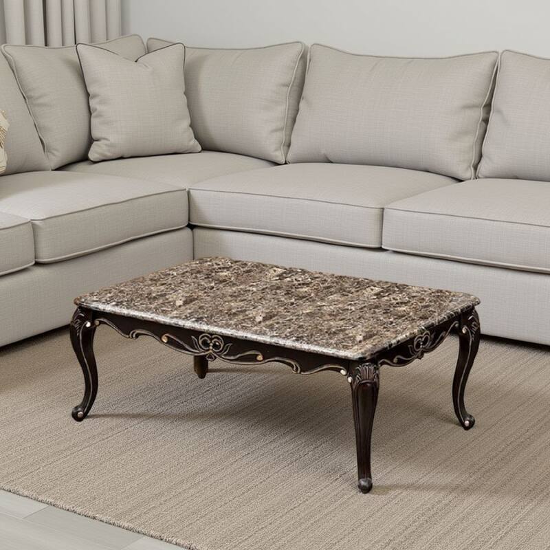 Ery Coffee Table, Dark Walnut Brown Wood, Carved Details, 48 Inch