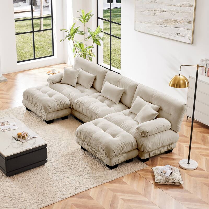 133.8" Chenille U-Shaped Cloud Sectional Sofa (3-Seater Modular) with 2 Ottomans