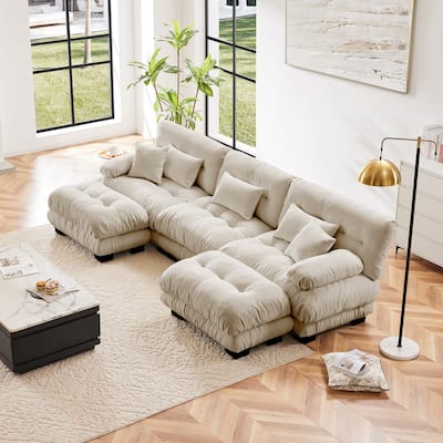 133.8" Chenille U-Shaped Cloud Sectional Sofa (3-Seater Modular) with 2 Ottomans
