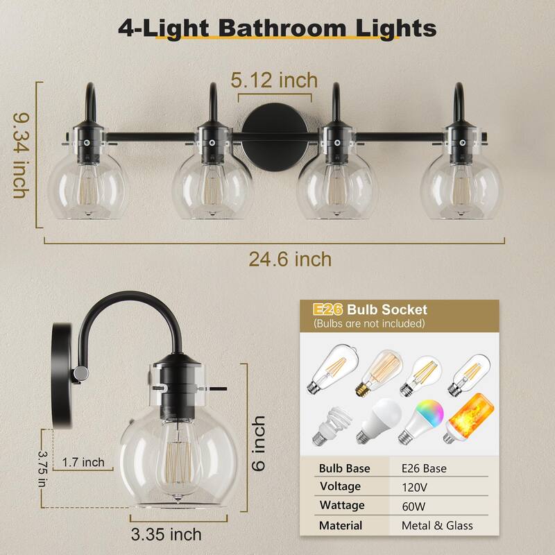 Modern 2/3/4 Bathroom Vanity Lights Clear Globe Glass Shade