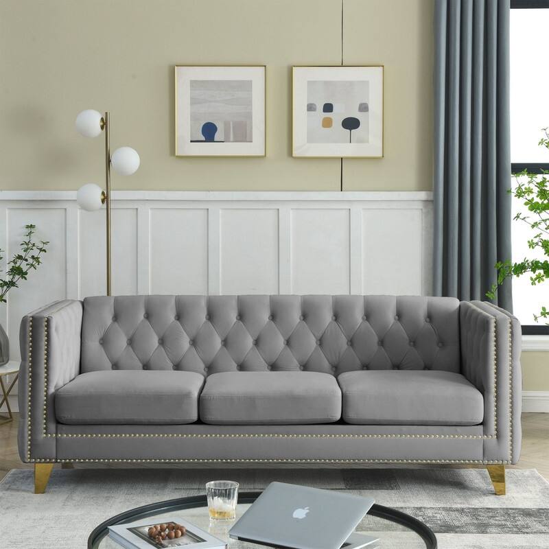 Modern Couch Upholstered Button and Metal Legs Velvet Sofa Buttons Tufted Square Arm Couch for Living Room Bedroom