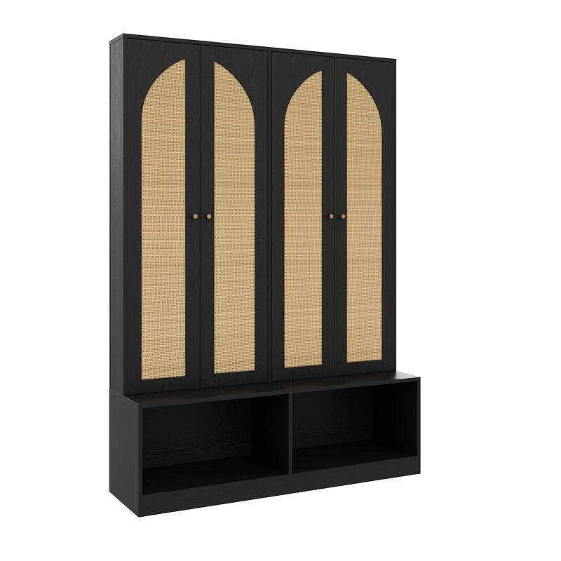 Farmhouse Widen Hall Tree with 4 Rattan Doors, Versatile 4-In-1 Seating Bench with 6 Hooks, Mid-Century Entryway Shoe Cabinet