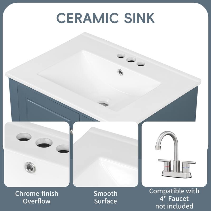 24" Bathroom Vanity with Sink and Drawers, with Ceramic Top and Storage Shelves, Modern Sink Cabinet for Small Bathrooms