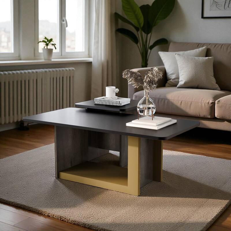 Modern Light Luxury Coffee Table Set of 2, Square Center and Side Table with Metal Frame for Living Room - Black