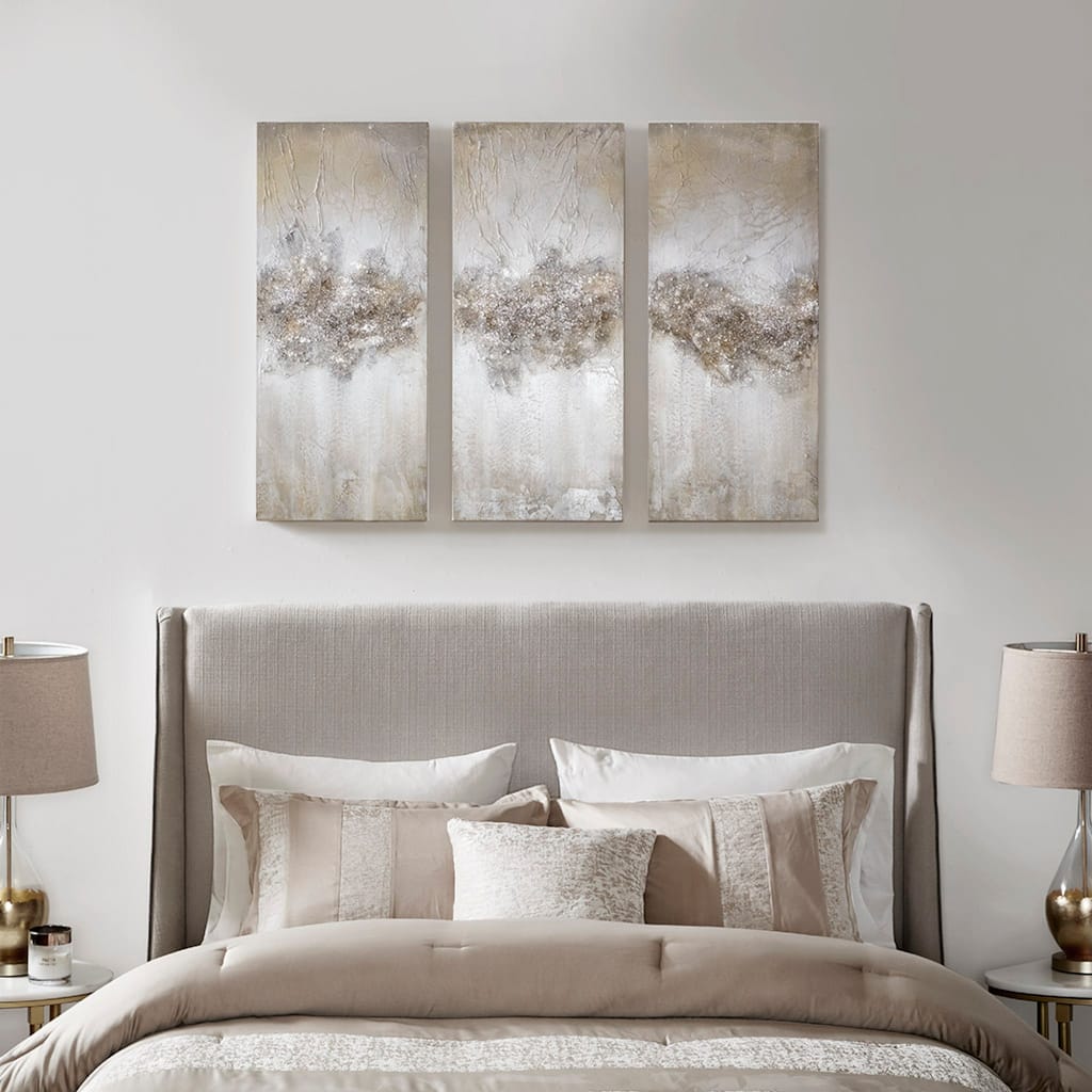 Roomfitters 3-Piece Taupe Canvas Wall Art Set, Hand Painted Abstract Triptych Accent Decor with Natural Stone and Glitter