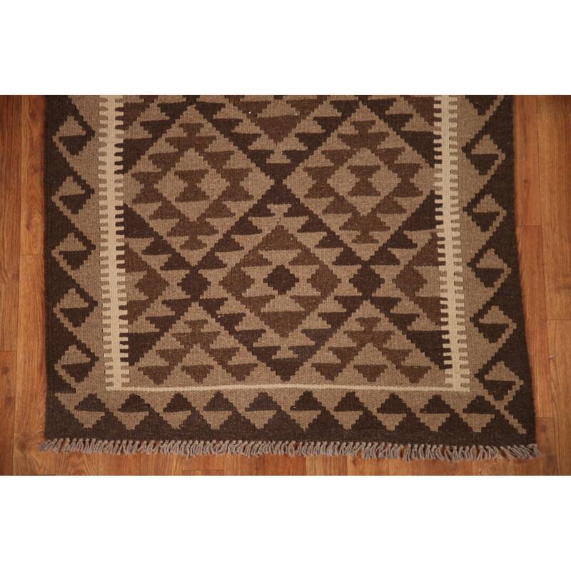 Flat-weave Kilim Oriental Area Rug Brown Reversible Wool Carpet - 3'2" x 5'0"