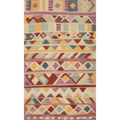 Hand Woven Oriental 100% Wool Carpet Southwestern Modern Multi-Colored Kilim Area Rug - 4' 10'' X 3' 1''