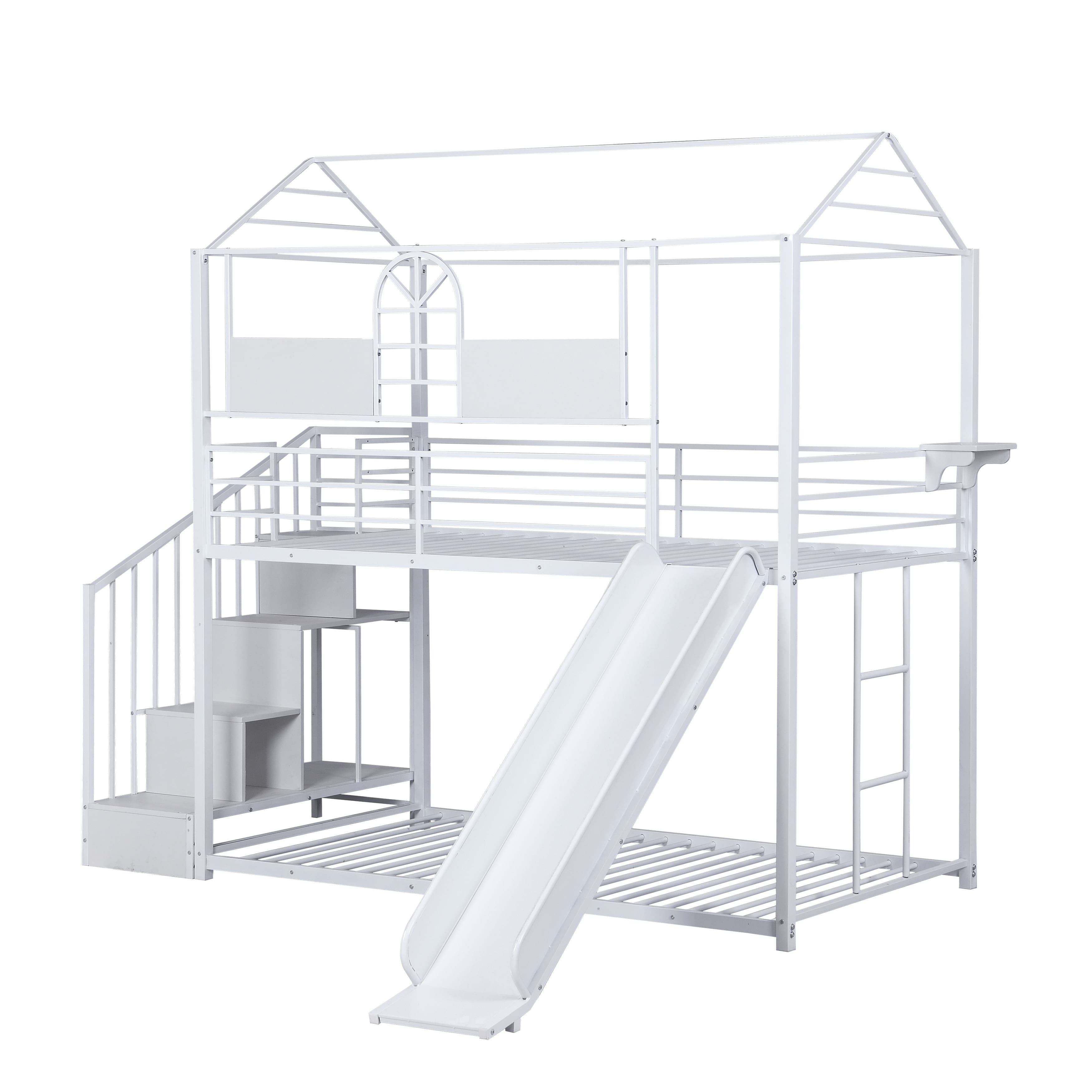 Twin Over Twin Metal House Bunk Bed with Slides and Storage Stairs