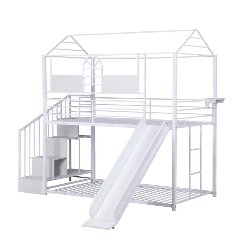 Twin Over Twin Metal Bunk Bed, House Bed, Features Slides and Storage