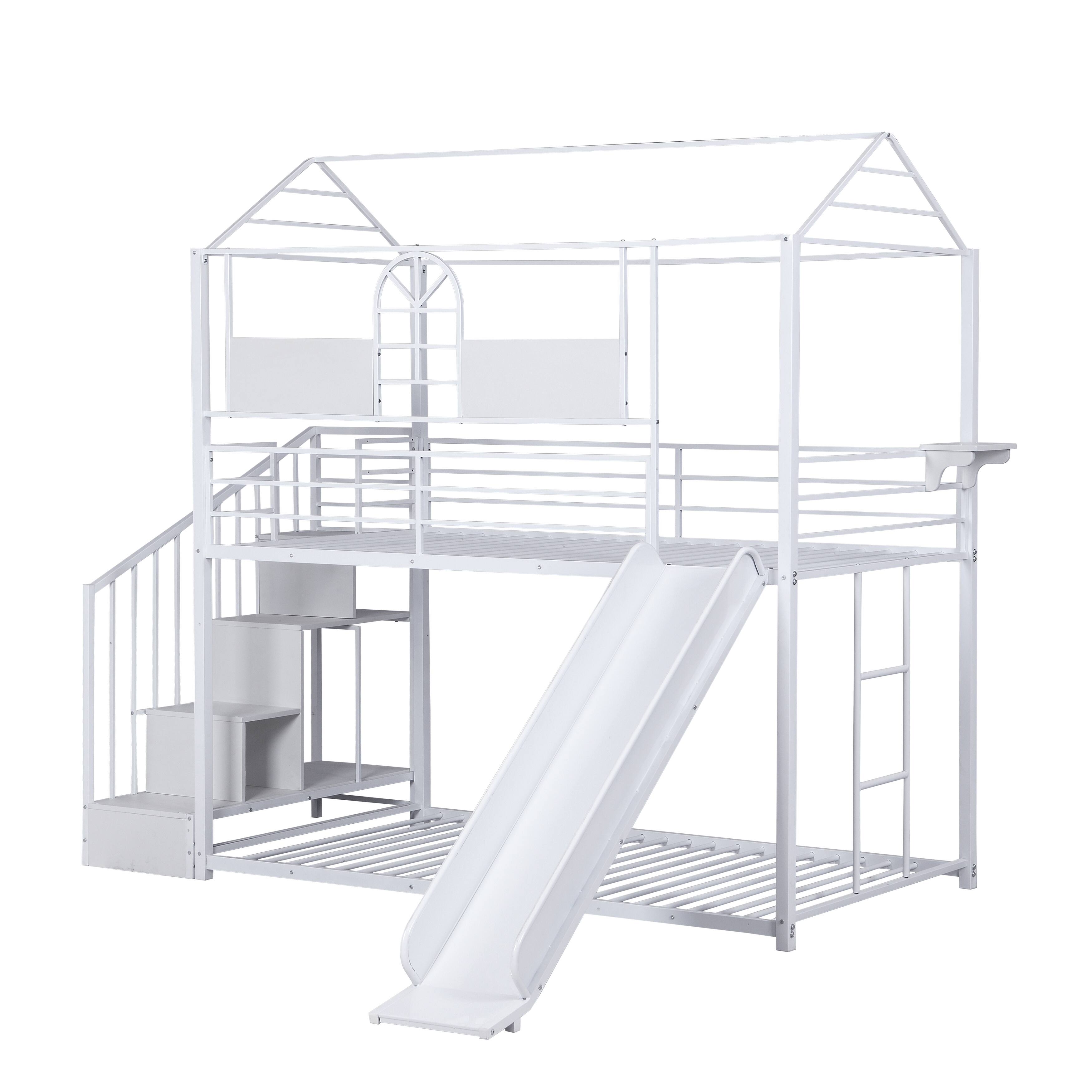 Twin Over Twin Metal House Bunk Bed with Slides and Storage Stairs, Safe Design Bed Bath