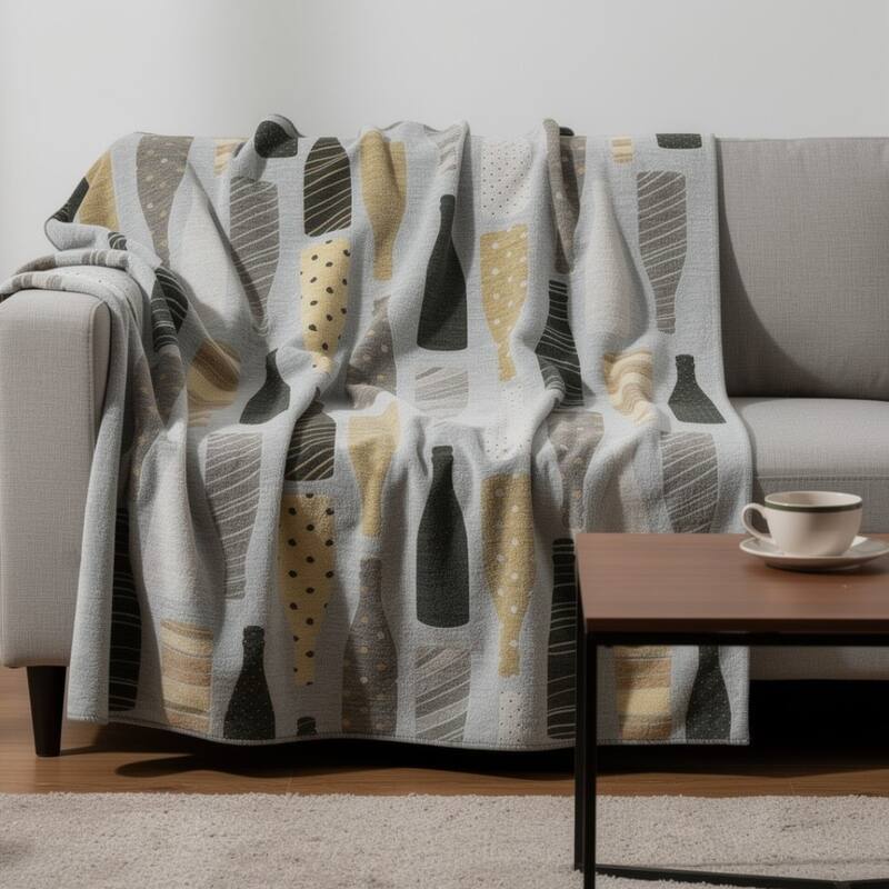 HomeRoots 50" X 70" Gray Black And Gold Champagne Bottle Stripe Microfiber Plush Throw Blanket - Throw - Black/Gold/Gray