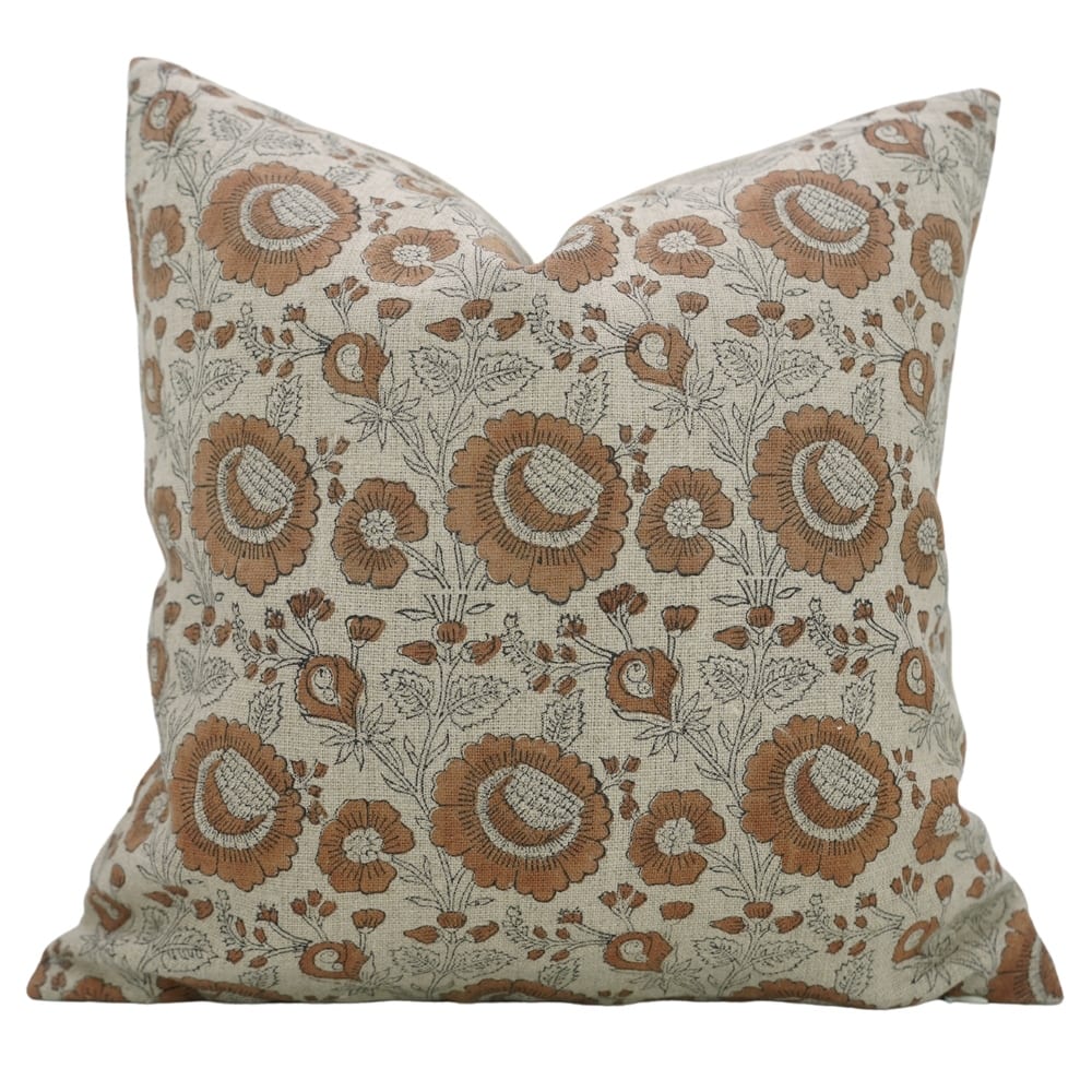 Fabdivine Floral Pillow Cover for Living Room Accent Heavy Linen Block Print Brown Summer Gift Cushioncase, Sun Flower