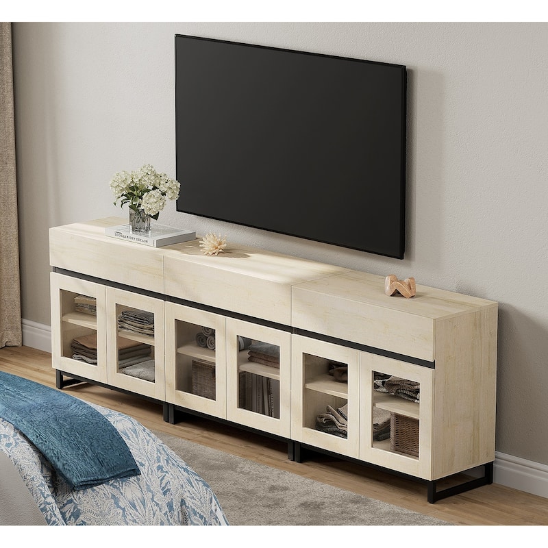 WAMPAT Modern TV Stand with Glass Doors for 110 inch TVs, Entertainment Center Console with 3 Drawers and Metal Base