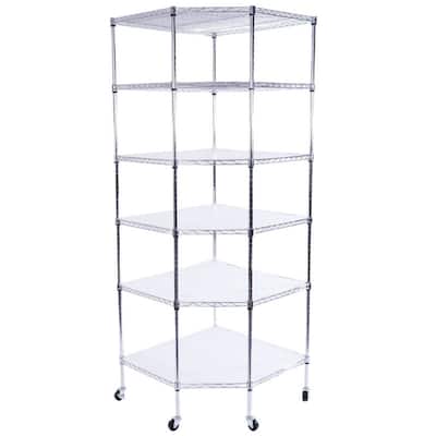 6-Layer Chrome Plated Polygonal Corner Shelf with 2" PP Wheels Silver