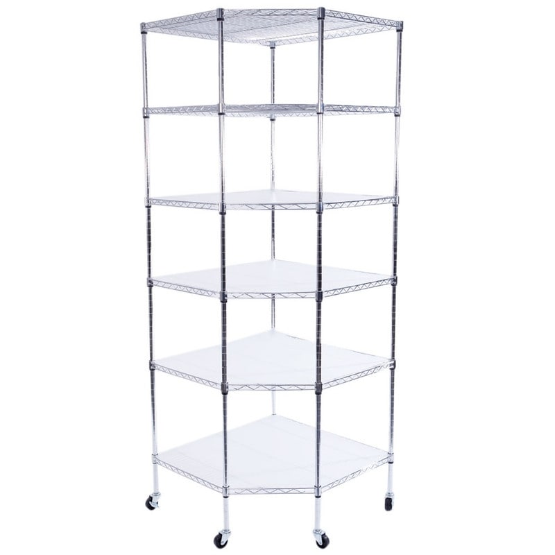6-Layer Chrome Plated Polygonal Corner Shelf with 2" PP Wheels Silver
