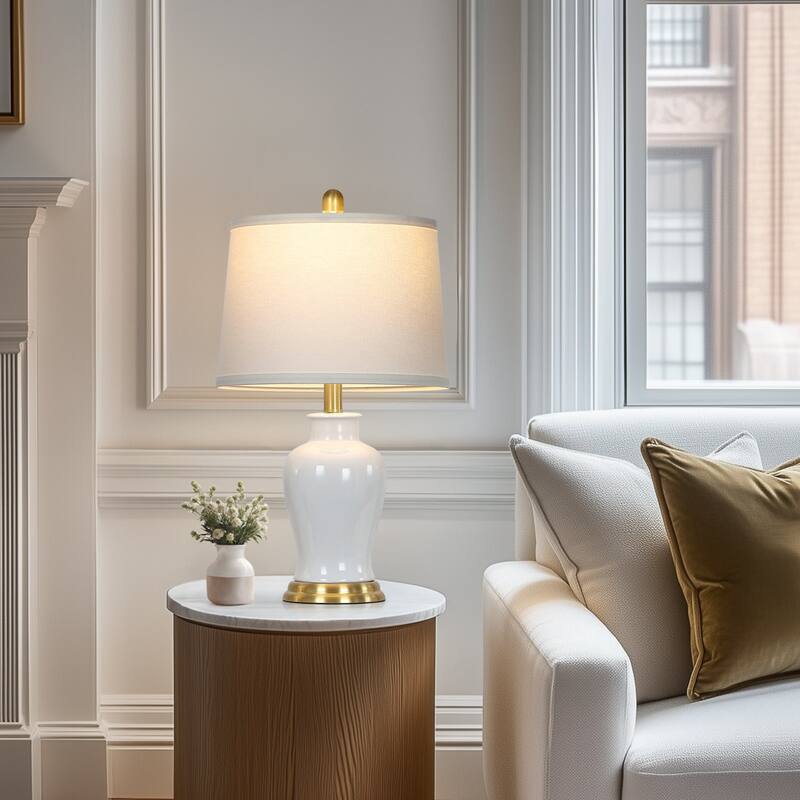 23-Inch Ceramic Ginger Jar Table Lamp with White Fabric Shade and LED Bulb