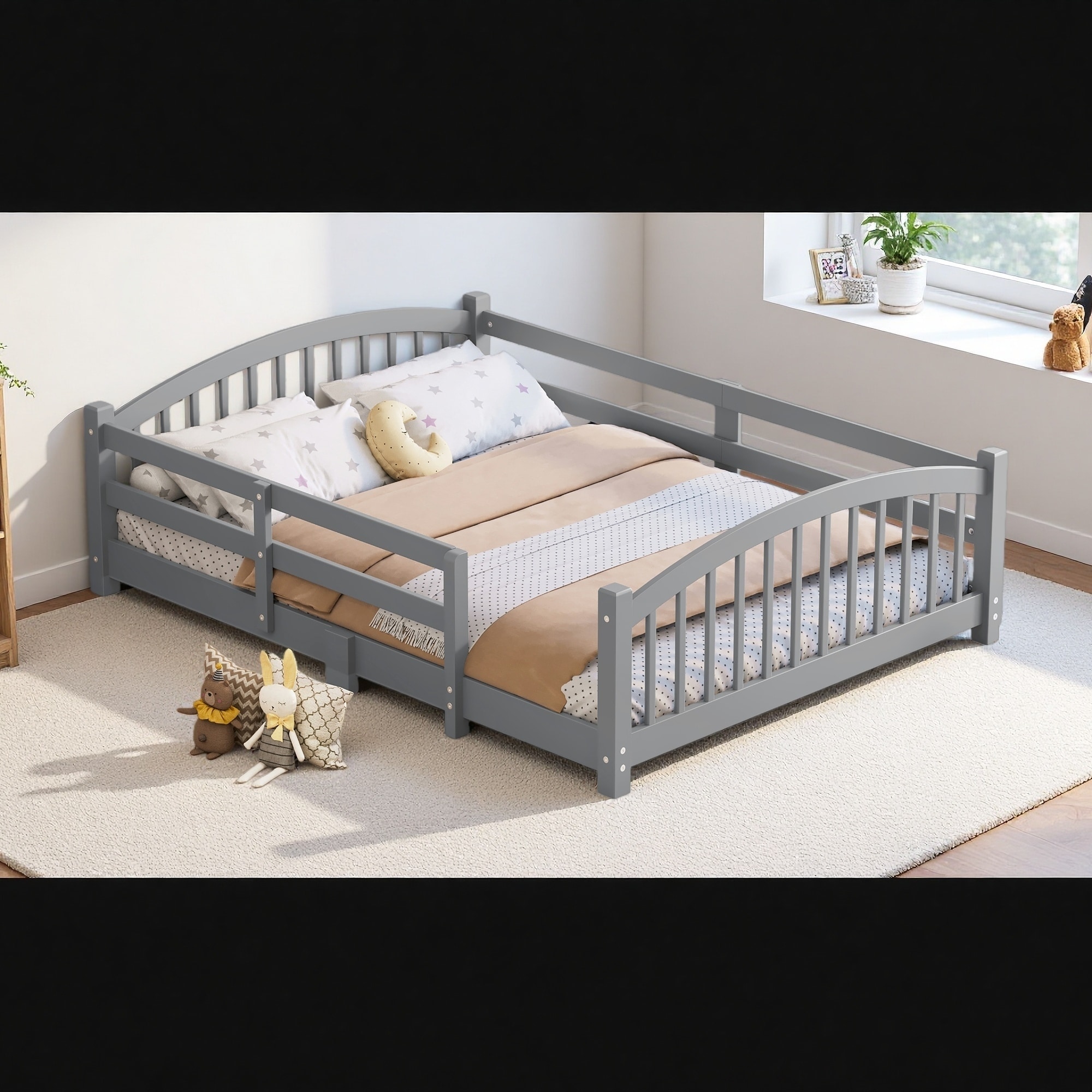 Full Size Montessori Floor Bed, Solid Wood Platform Bed with Safety Guardrails, Slats, Easy Assembly, for Girls & Boys