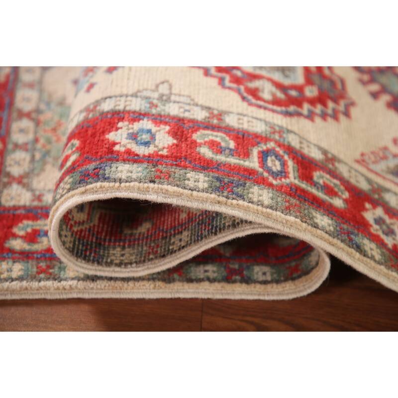 Kazak Accent Rug Hand-Knotted Geometric Beige Wool Carpet - 2'9" x 4'1"