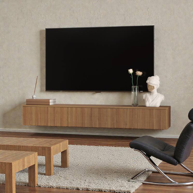 65" Floating TV Stand Wall Mounted with 16 Color LED Lights, Modern TV Cabinet for 55-65 Inch TVs - Brown