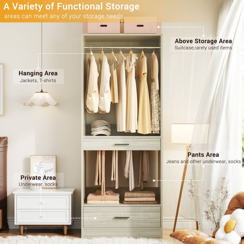 Qvella 23.6'' W Closet System with Hanging Rods and Wooden Drawers, Modular Walk-In Closet Organizer with Pants Rack