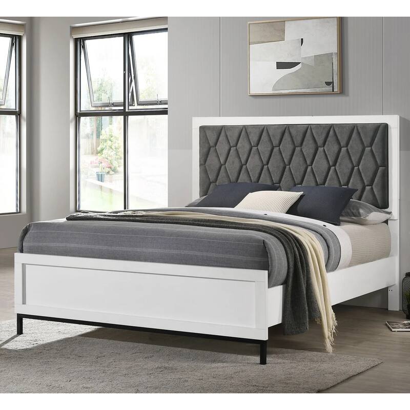 Upholstered Panel Bed with Tufting Headboard in White and Dark Grey