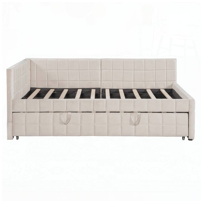 Upholstered L-Shaped Upholstered Daybed with Twin Size Pop Up Trundle and USB ports