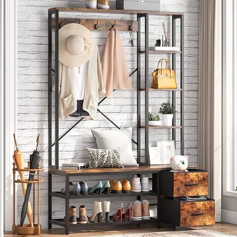 4 in 1 Wooden Coat and Shoe Rack Entryway with 2-Drawer - 47.24L * 15.75W * 70.87H