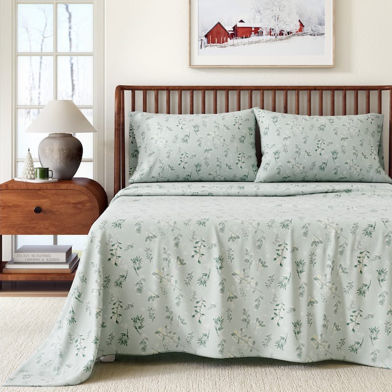 Linery & Co. Turkish Cotton Double-Brushed Printed Flannel Bed Sheet Set - Twin - Snowy Botanical