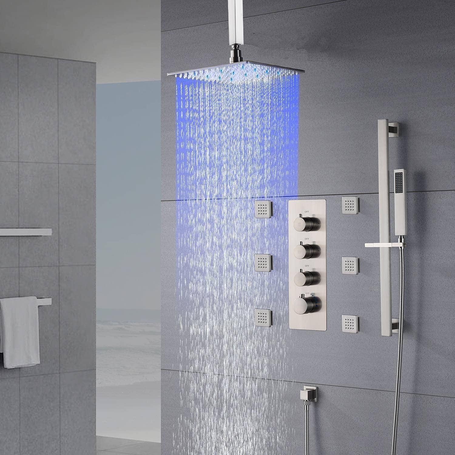 Thermostatic 12“ LED Rainfall Shower Faucet set System Massage Jets Sprayer kit 