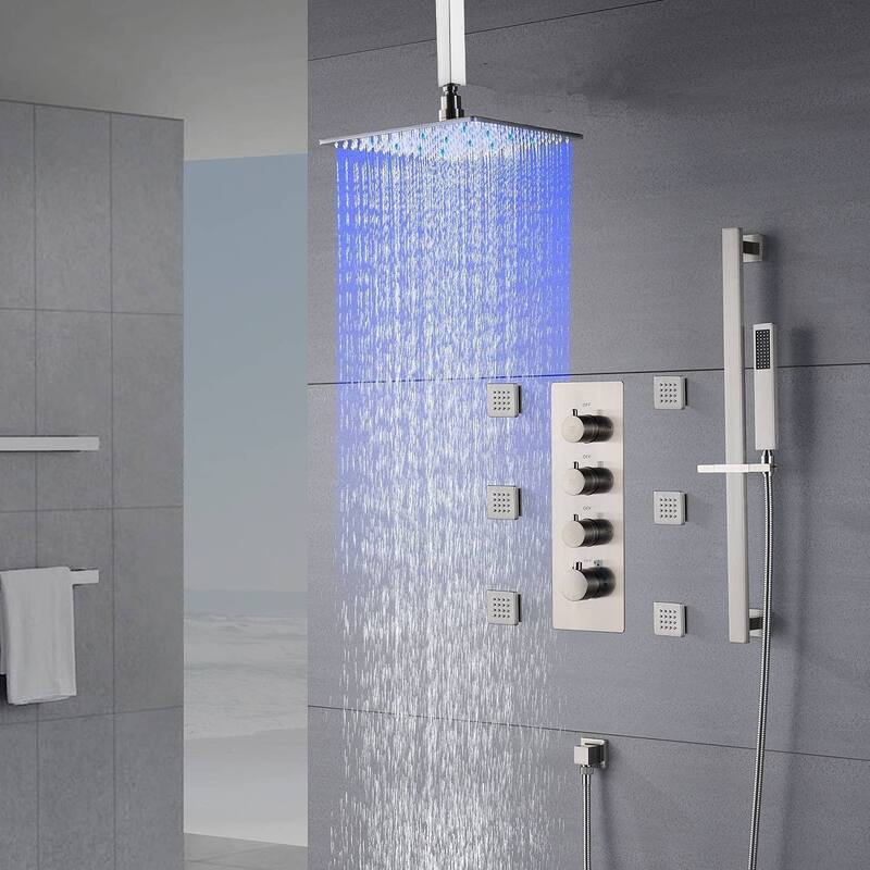 Brushed Nickel 12" LED Rainfall Shower X3 Thermostatic Faucet System w/ Slide Bar, 6 Jets - Brushed Nickel