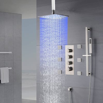 Brushed Nickel 12" LED Rainfall Shower X3 Thermostatic Faucet System w/ Slide Bar, 6 Jets - Brushed Nickel