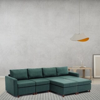 Module Section Sofa 6 Seat Green Linen Module Sectional Sofa Set with Movable Ottomans ...