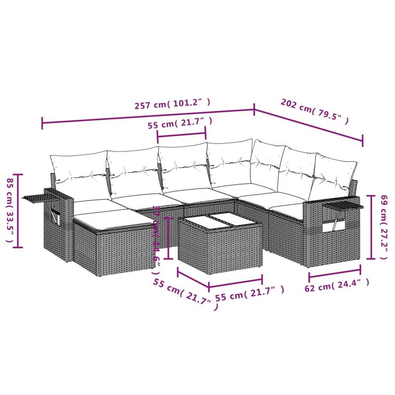 vidaXL Patio Sofa Set with Cushions Outdoor Conversation Furniture Poly Rattan - 24.4 x 24.4 x 27.2