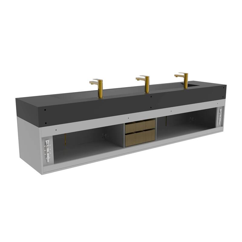 Nile 84-Inch Wall Mounted Bathroom Vanity Set w/ Black Top