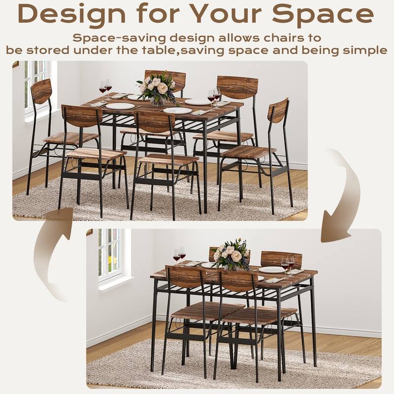 7-Piece Dining Table Set for 6, 43.3'' Kitchen Table and Wood Chairs with Storage and Backrest