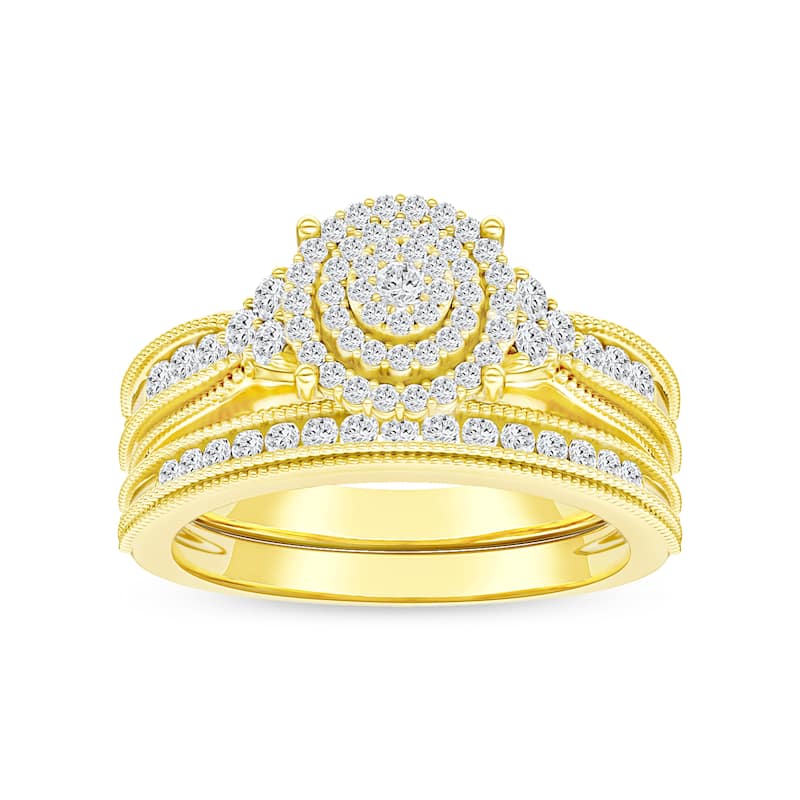 1/2ct TDW Diamond Cluster Halo Bridal Set in 14K Yellow Gold for Women