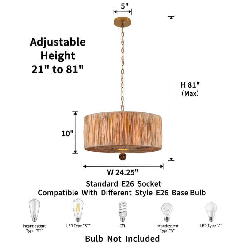 KAWOTI 5-Light Paper Woven Drum-Shape Chandelier - W24.25" x H16.25"(MaxH81.5")