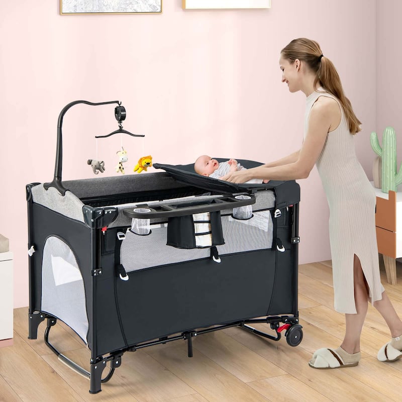 Honeyjoy 5-in-1 Baby Crib with Adjustable Height Soft Mattress - See Details