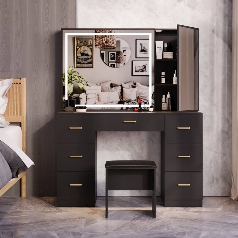 Vanity Set with Lighted Mirror,Extra Large Mirror Makeup Vanity Table with 7 Drawers,white