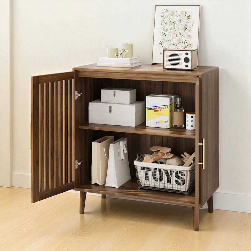 Farmhouse Sideboard Buffet Cabinet with Storage, Walnut Coffee Bar Cabinet with Louvered Doors & Adjustable Shelves