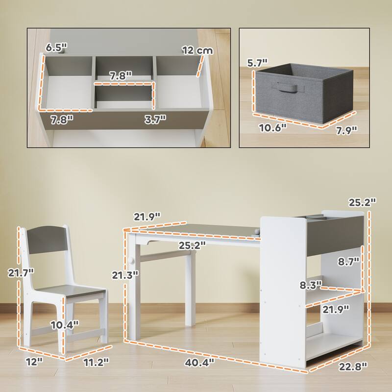 Kids Activity Table and Chair Set with Storage Drawers Paper Roll Gray White Multi-Functional Craft