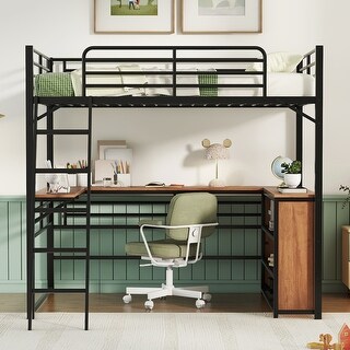 Metal Loft Bed with Under Bed L-shaped Desk and 3 Storage Shelves, Movable Ladder High Loft Bed