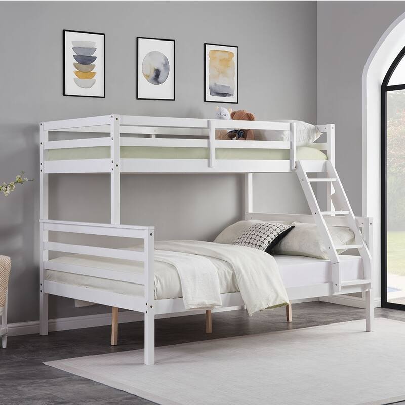 Twin Over Full Bunk Bed,Solid Wood Frame,High Guardrail,Safe for Kids - White