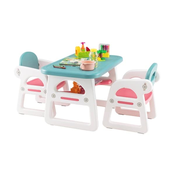 slide 2 of 10, Costway 3-Piece Kids Table and Chair Set Toddler Activity Study Desk - See Details Blue & Pink