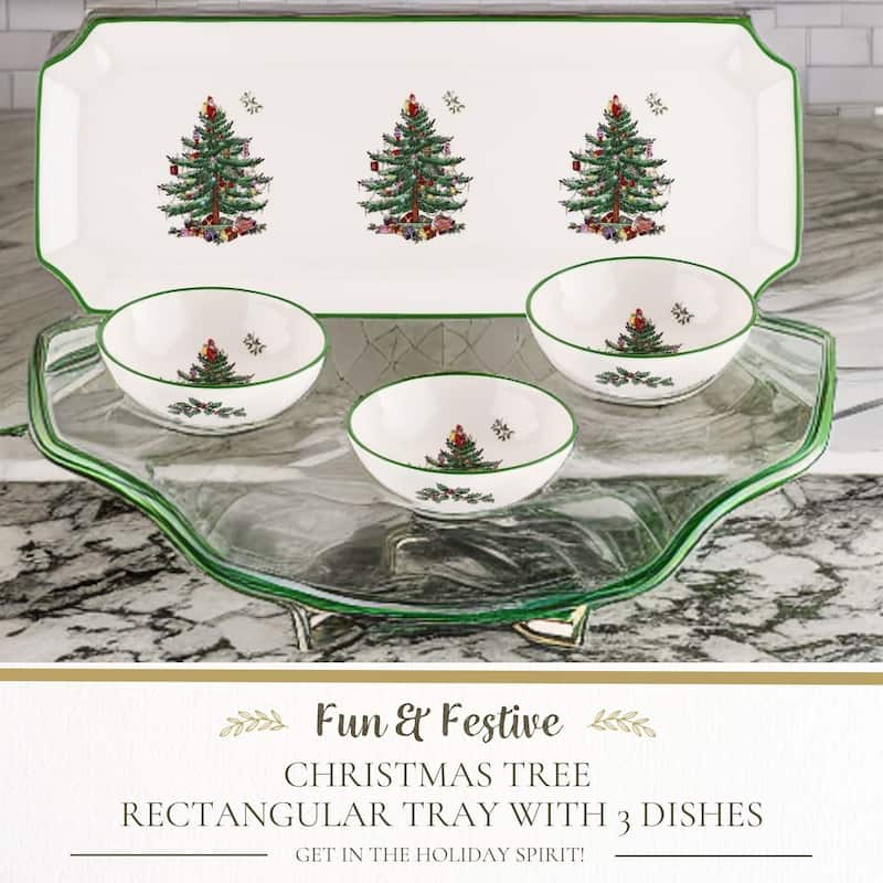 Spode Christmas Tree Rectangular Tray with 3 Dishes - 14" L x 4" W